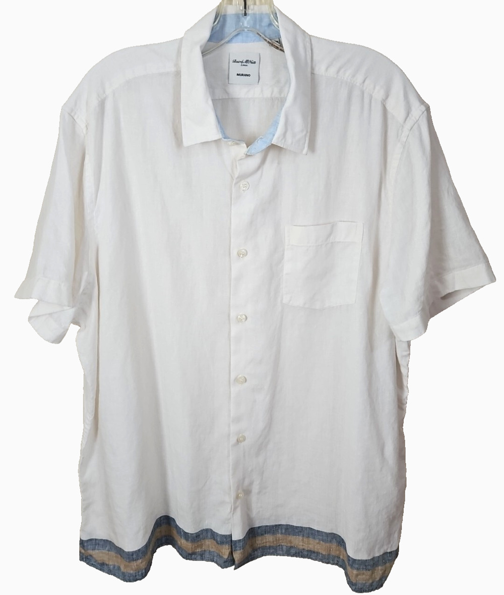 Murano Baird McNutt 100% Linen Shirt Mens XL White S/S printed hem border